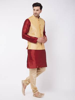 Maroon, Gold And Rose Gold Silk Blend Jacket, Kurta And Pyjama Set 2