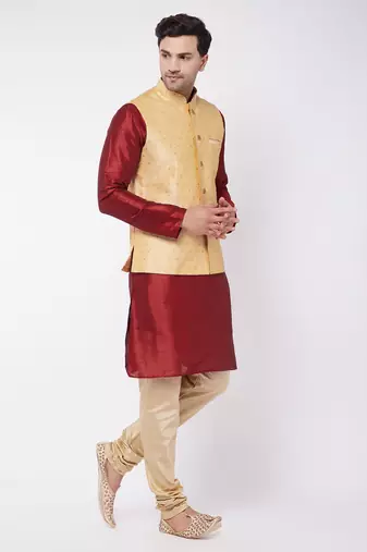 Maroon, Gold And Rose Gold Silk Blend Jacket, Kurta And Pyjama Set