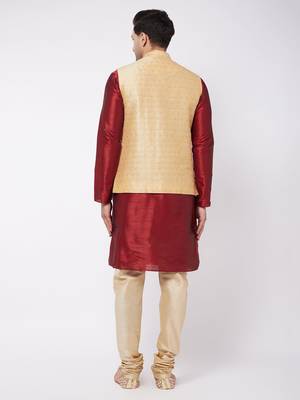 Maroon, Gold And Rose Gold Silk Blend Jacket, Kurta And Pyjama Set 3