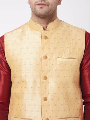 Maroon, Gold And Rose Gold Silk Blend Jacket, Kurta And Pyjama Set 4