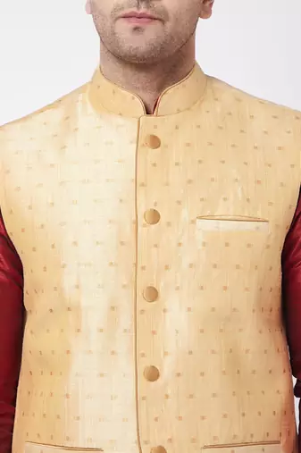 Maroon, Gold And Rose Gold Silk Blend Jacket, Kurta And Pyjama Set