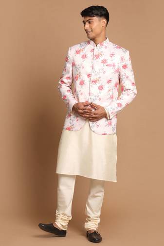 Men'S Peach And Cream Viscose Ethnic Combo Set