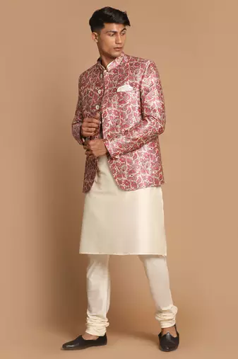 Men'S Multicolor-Base-Pink And Cream Viscose Ethnic Combo Set