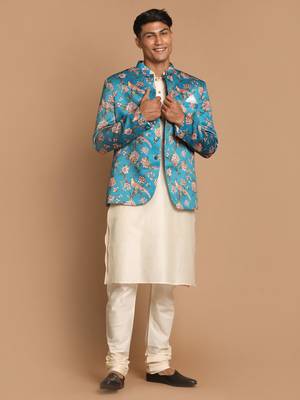 Turquoise Blue And Cream Viscose Ethnic Combo Set 1