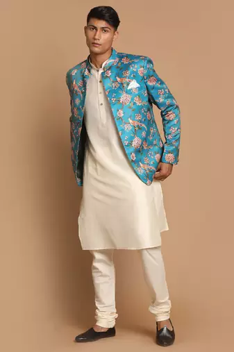 Turquoise Blue And Cream Viscose Ethnic Combo Set