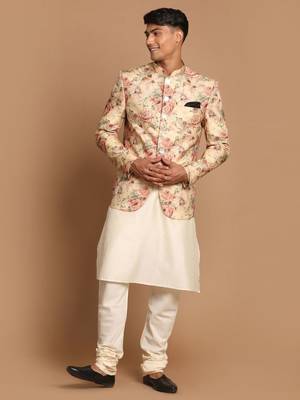 Cream And Brown Viscose Jacket, Kurta And Pyjama Set 1