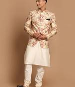 Cream And Brown Viscose Jacket, Kurta And Pyjama Set