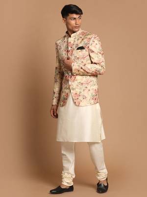 Cream And Brown Viscose Jacket, Kurta And Pyjama Set 2