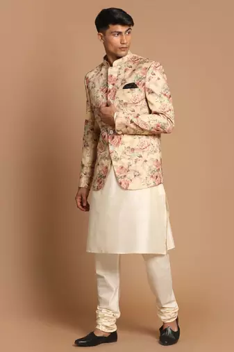 Cream And Brown Viscose Jacket, Kurta And Pyjama Set