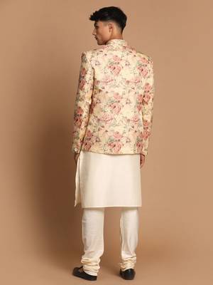 Cream And Brown Viscose Jacket, Kurta And Pyjama Set 3