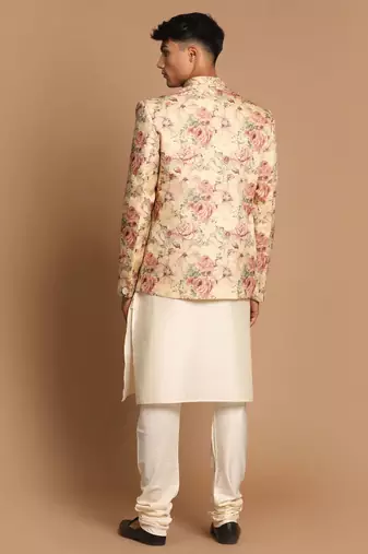 Cream And Brown Viscose Jacket, Kurta And Pyjama Set