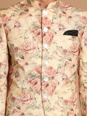 Cream And Brown Viscose Jacket, Kurta And Pyjama Set 4