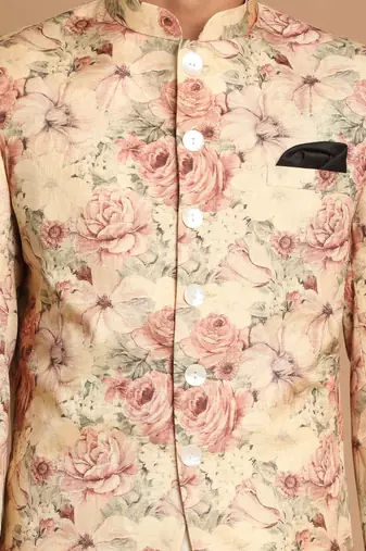 Cream And Brown Viscose Jacket, Kurta And Pyjama Set
