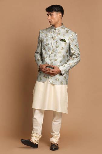 Men'S Green And Cream Viscose Ethnic Combo Set