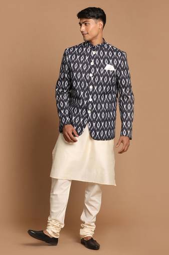 Men'S Black And Cream Viscose Ethnic Combo Set