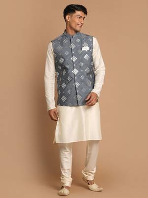Grey And Cream Viscose Jacket, Kurta And Pyjama Set 1