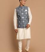 Grey And Cream Viscose Jacket, Kurta And Pyjama Set