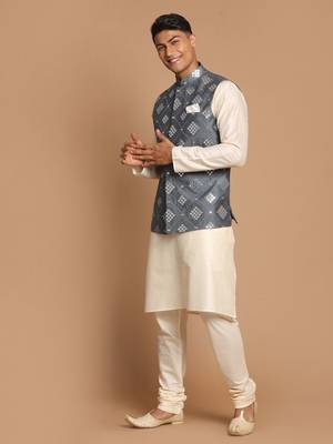 Grey And Cream Viscose Jacket, Kurta And Pyjama Set 2