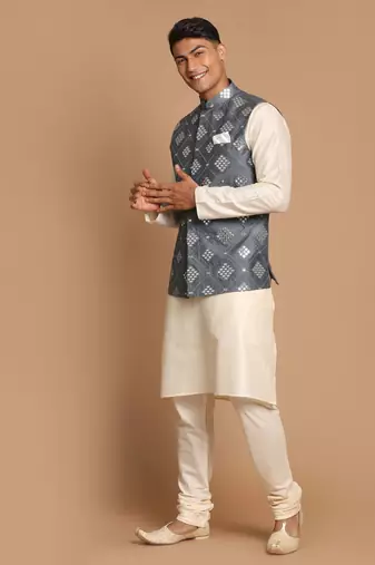 Grey And Cream Viscose Jacket, Kurta And Pyjama Set
