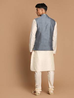 Grey And Cream Viscose Jacket, Kurta And Pyjama Set 3
