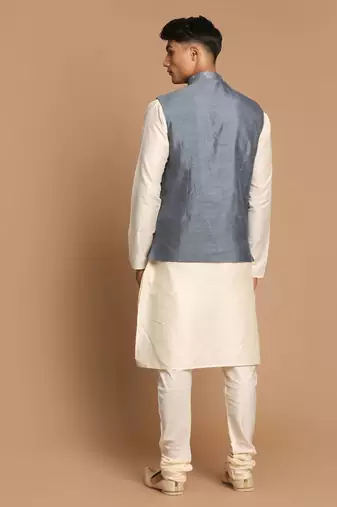 Grey And Cream Viscose Jacket, Kurta And Pyjama Set