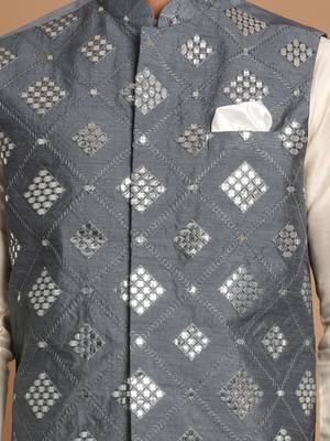 Grey And Cream Viscose Jacket, Kurta And Pyjama Set 4