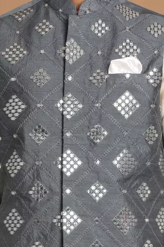 Grey And Cream Viscose Jacket, Kurta And Pyjama Set