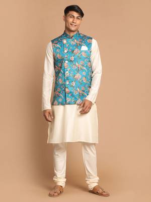 Turquoise And Cream Viscose Jacket, Kurta And Pyjama Set 1