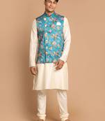 Turquoise And Cream Viscose Jacket, Kurta And Pyjama Set