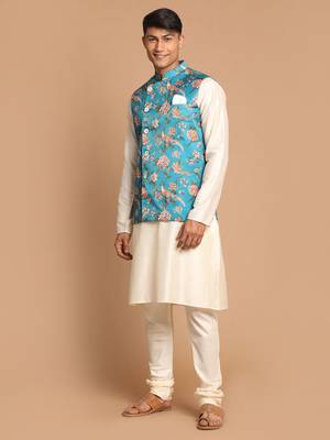 Turquoise And Cream Viscose Jacket, Kurta And Pyjama Set 2