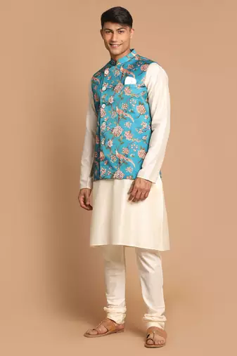 Turquoise And Cream Viscose Jacket, Kurta And Pyjama Set