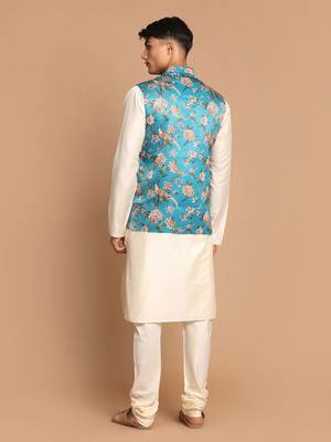 Turquoise And Cream Viscose Jacket, Kurta And Pyjama Set 3