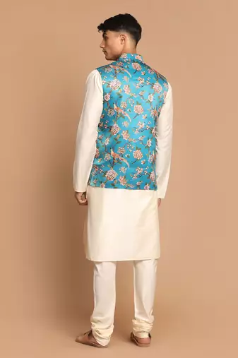 Turquoise And Cream Viscose Jacket, Kurta And Pyjama Set