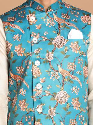 Turquoise And Cream Viscose Jacket, Kurta And Pyjama Set 4