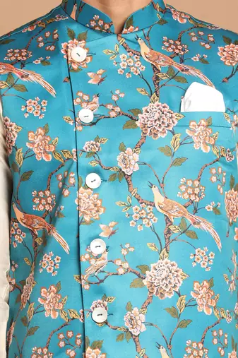 Turquoise And Cream Viscose Jacket, Kurta And Pyjama Set