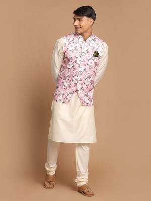 Pink And Cream Viscose Jacket, Kurta And Pyjama Set 1