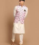 Pink And Cream Viscose Jacket, Kurta And Pyjama Set