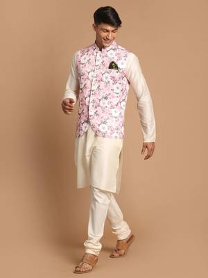 Pink And Cream Viscose Jacket, Kurta And Pyjama Set 2