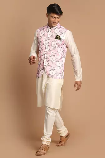 Pink And Cream Viscose Jacket, Kurta And Pyjama Set
