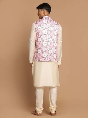 Pink And Cream Viscose Jacket, Kurta And Pyjama Set 3
