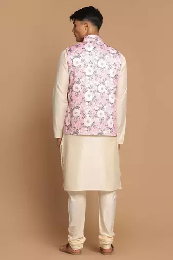 Pink And Cream Viscose Jacket, Kurta And Pyjama Set