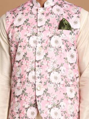 Pink And Cream Viscose Jacket, Kurta And Pyjama Set 4
