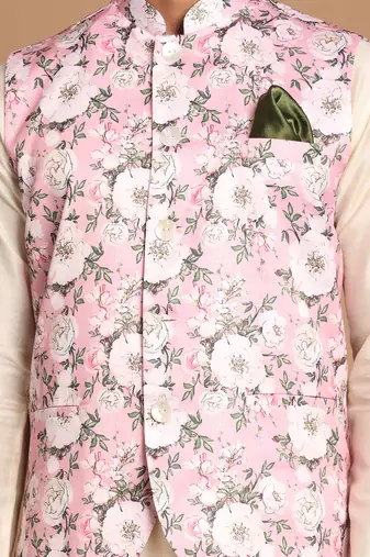 Pink And Cream Viscose Jacket, Kurta And Pyjama Set