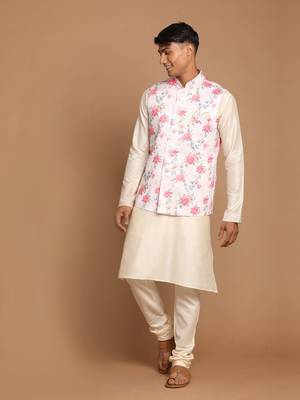 Peach And Cream Viscose Jacket, Kurta And Pyjama Set 1