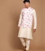 Peach And Cream Viscose Jacket, Kurta And Pyjama Set