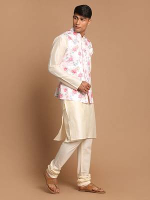 Peach And Cream Viscose Jacket, Kurta And Pyjama Set 2