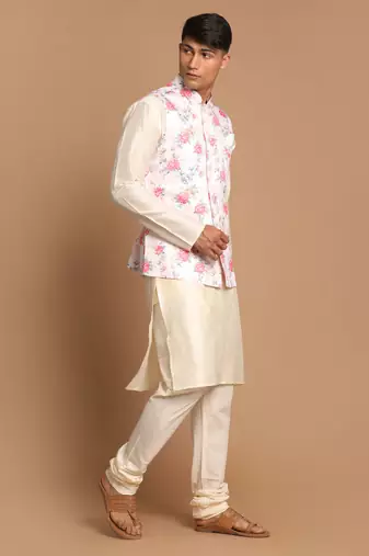 Peach And Cream Viscose Jacket, Kurta And Pyjama Set