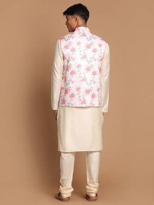 Peach And Cream Viscose Jacket, Kurta And Pyjama Set 3