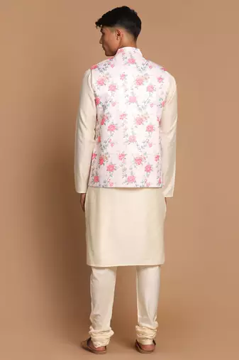 Peach And Cream Viscose Jacket, Kurta And Pyjama Set