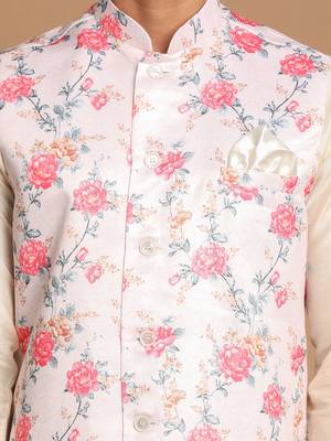 Peach And Cream Viscose Jacket, Kurta And Pyjama Set 4